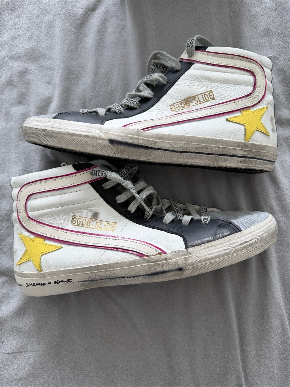 Golden Goose Slide High-Top Sneakers in White, Navy & Yellow